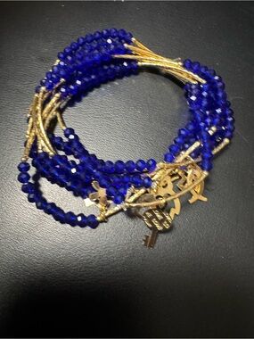 Mexican handmade semanario Multi-Strand Blue Bead & Gold plated Charm Bracelet